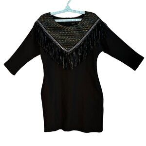 GAJA Short Black Witchy Dress Western Fringe Whimsygoth 3/4 Sleeve SZ 10